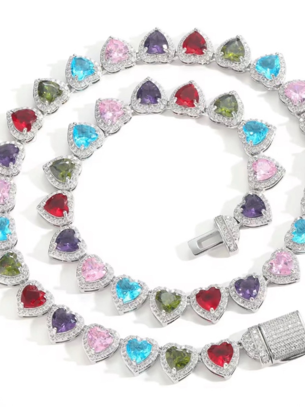 Multi-Color Heart Gemstone Tennis Necklace - Women Jewelry 16inch